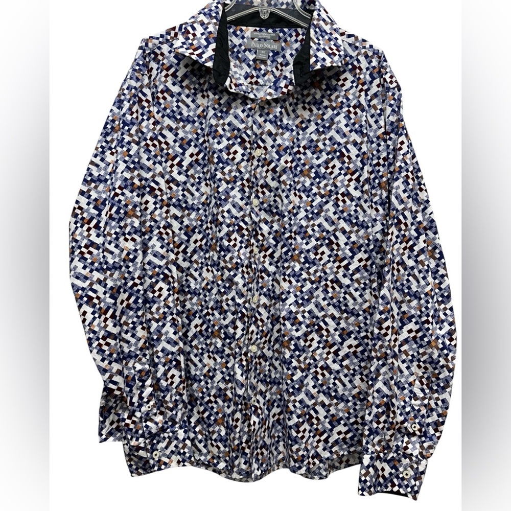 PAULO SOLARI MODERN FIT BUTTON SHIRT, "TECHY" PRINT BLUE MULTI ON WHITE, SZ 3X